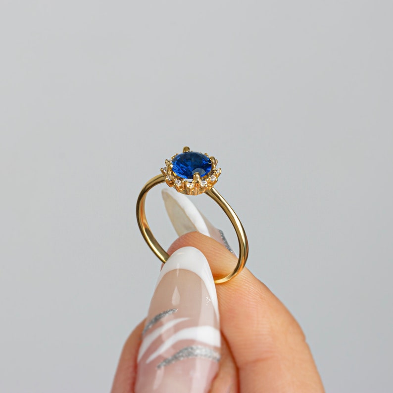 Real Diamond Round Sapphire Ring 14K Solid Gold, Birthstone Ring with diamonds around, Perfect Gift for Mother's Day Girlfriend Wife image 3