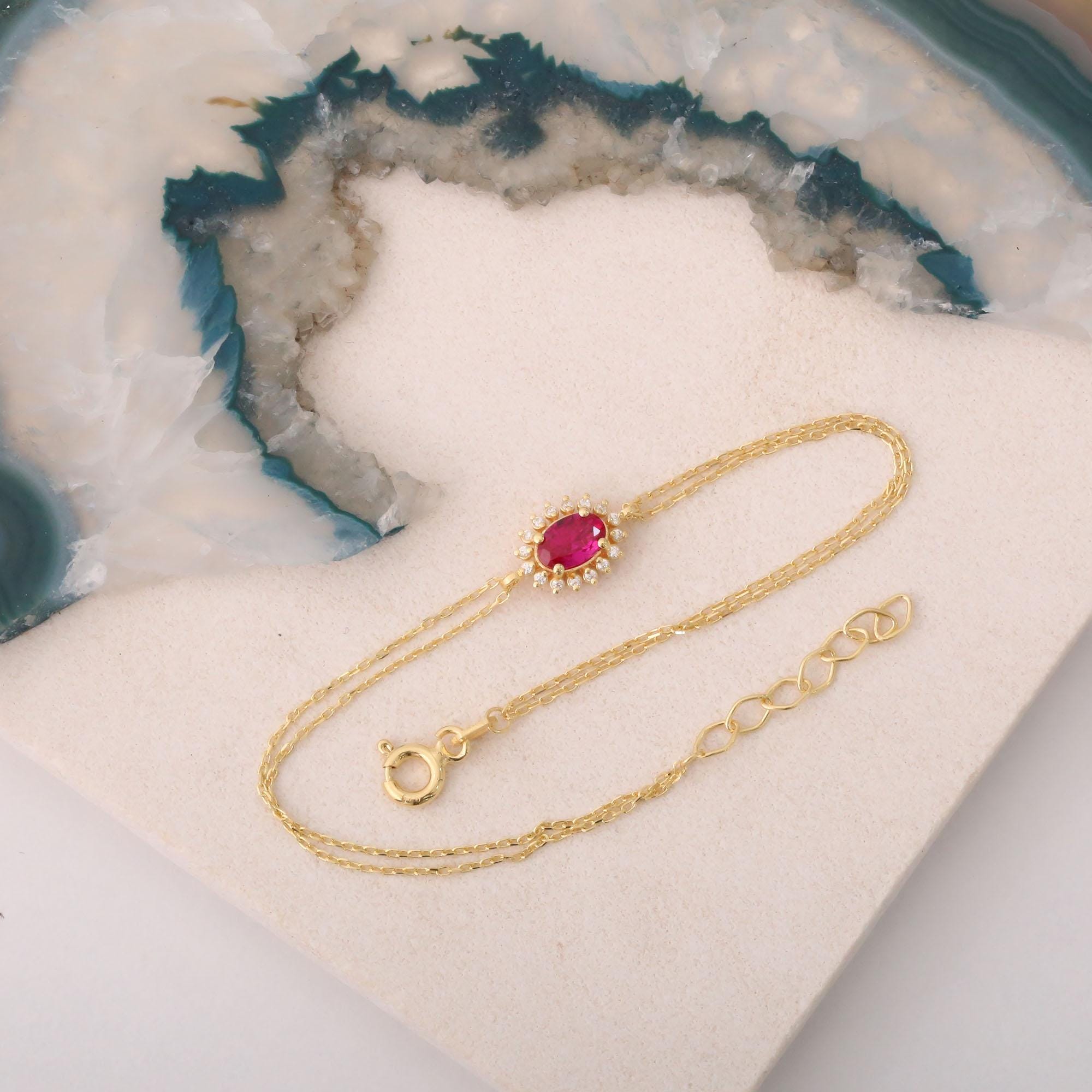 Ruby Oval Bracelet 14K 10K 8K Solid Gold with Real Diamond, July Birthstone Bracelet