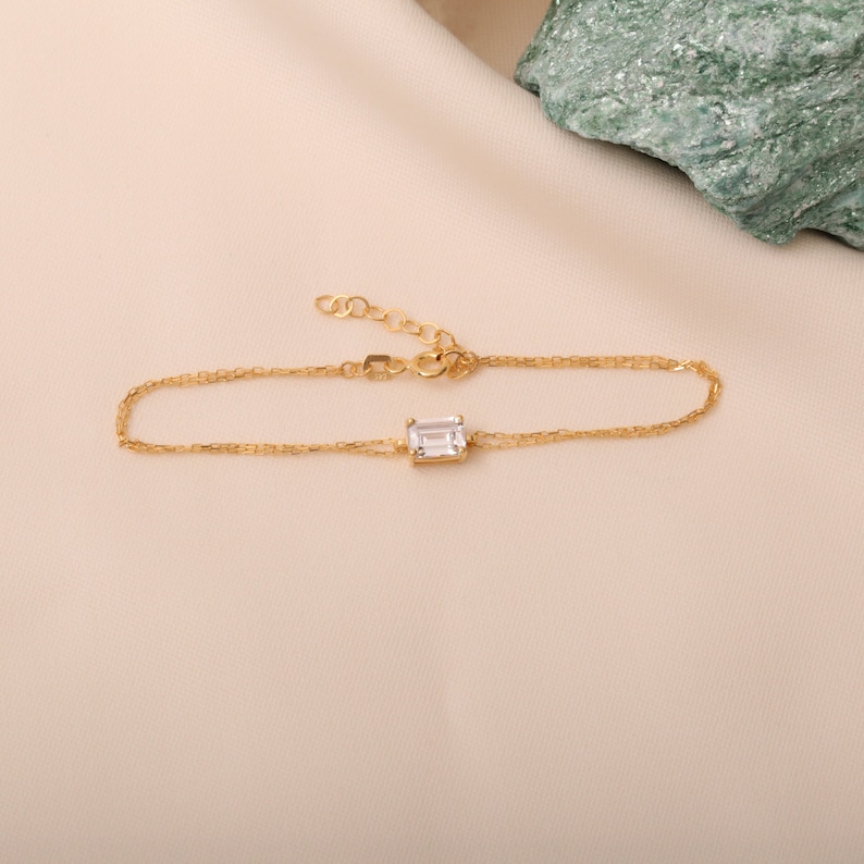 Rectangle White Topaz Bracelet 14K Solid Gold, Baguette White Bracelet, April Birthstone, Perfect Gift for Mother's Day Girlfriend Wife image 2