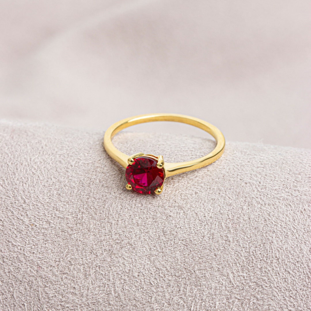 Ruby Round 14K 10K 8K Solid Gold Ring, Minimalist Birthstone Jewelry ...