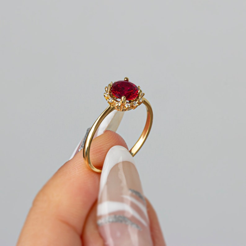 Real Diamond Round Ruby Ring 14K Solid Gold, Ring With Diamonds Around, July Birthday, Perfect Gift for Mother's Day Girlfriend Wife image 5
