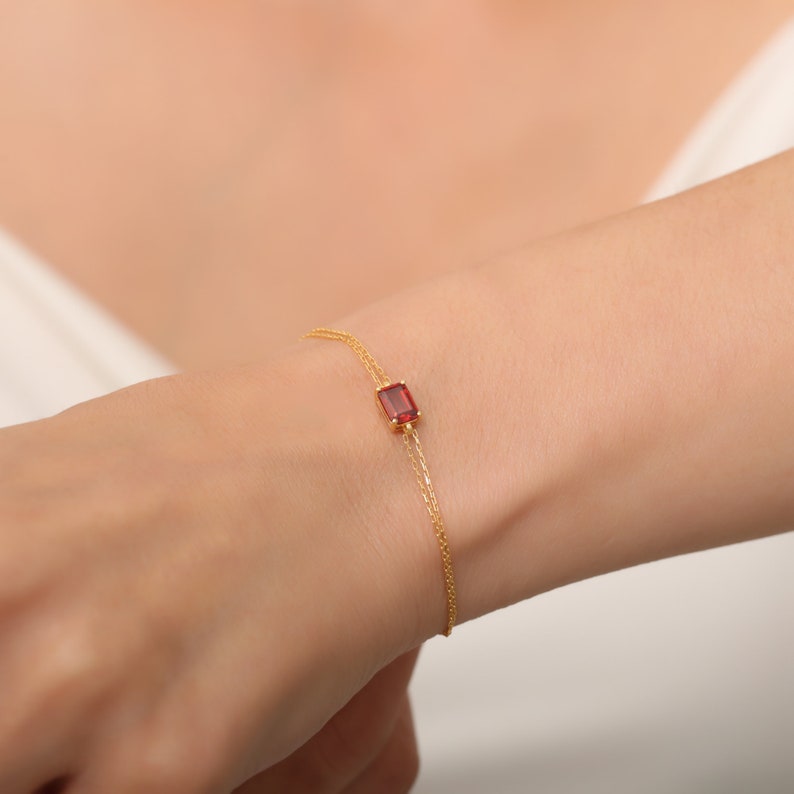 Rectangle Garnet Bracelet 14K Solid Gold, Daint Baguette Garnet Bracelet, January Birthstone, Perfect Gift for Mother's Day Wife image 3