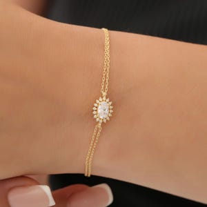 14K Solid Gold White Topaz Oval Bracelet with Real Diamonds - April Birthstone