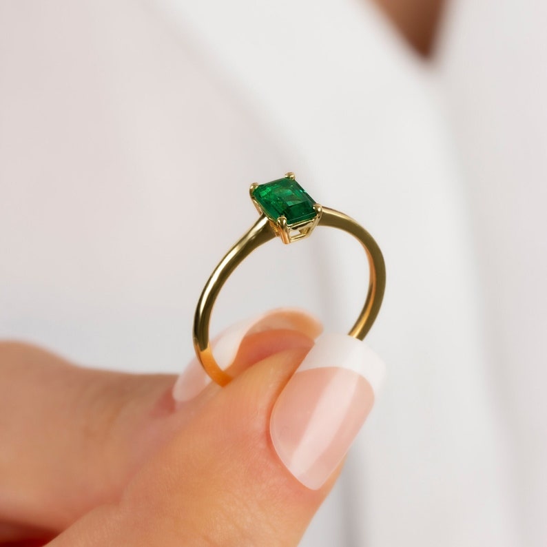 Rectangle Emerald Ring 14K Solid Gold, Real Gold Emerald Birthstone Ring, Perfect Gift for Mother's Day Girlfriend Wife image 2