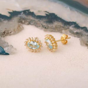 Surrounded by Real Diamonds Aquamarine Oval Stud Earring 14K Solid Gold, March Birthstone Jewelrys, Elegant Christmas and Aniversary Gifts