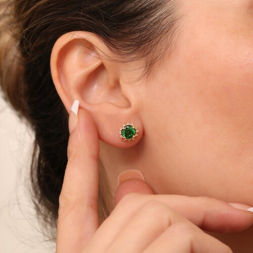 Round Emerald Stud Earring 14K Solid Gold Real Diamond Halo, Birthstone Women Earrings