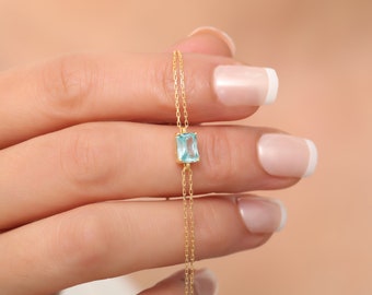 14K Solid Gold Aquamarin Bracelet, Dainty Rectangle & Baguette, March Birthstone, Perfect for Christmas or Mother's Day Gift for Her