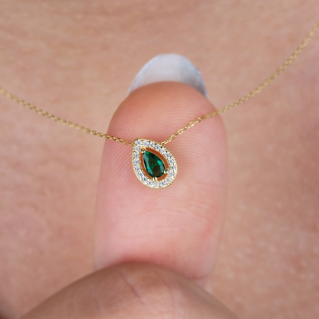 Real Diamond Surrounded Emerald Drop Necklace,14k Solid Gold Emerald