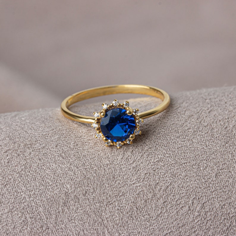 Real Diamond Round Sapphire Ring 14K Solid Gold, Birthstone Ring with diamonds around, Perfect Gift for Mother's Day Girlfriend Wife image 5