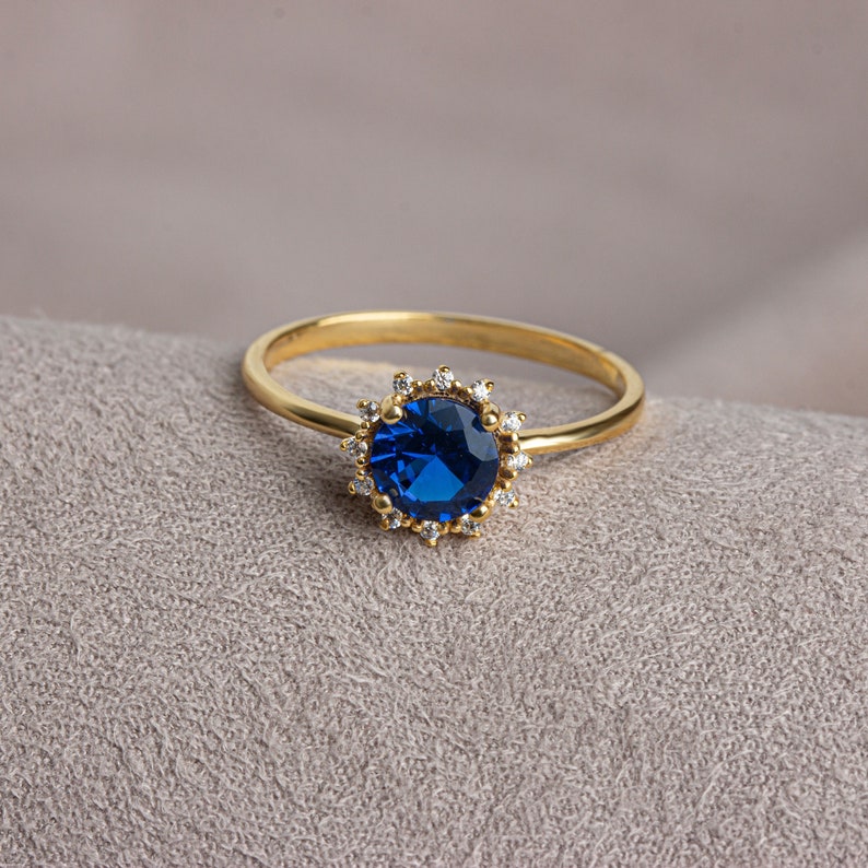 Real Diamond Round Sapphire Ring 14K Solid Gold, Birthstone Ring with diamonds around, Perfect Gift for Mother's Day Girlfriend Wife image 1