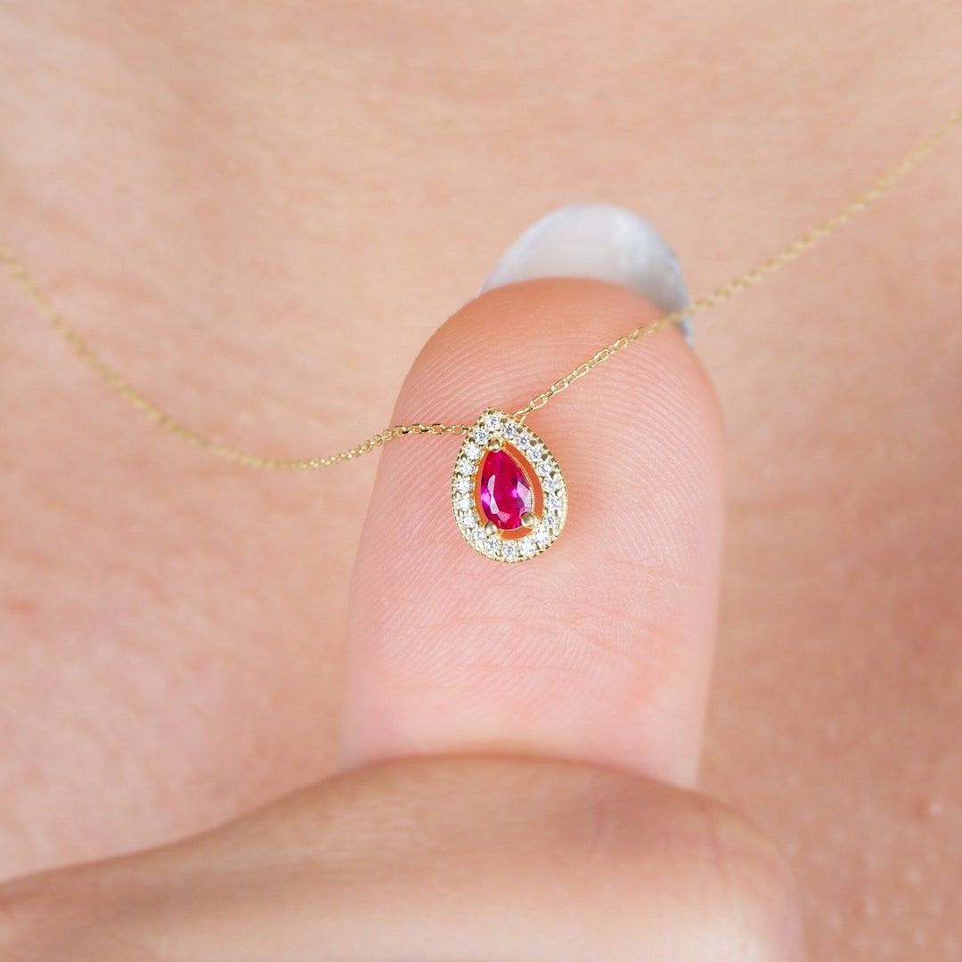 Real Diamond Surrounded Ruby Drop Necklace, 14K Solid Gold Ruby Drop