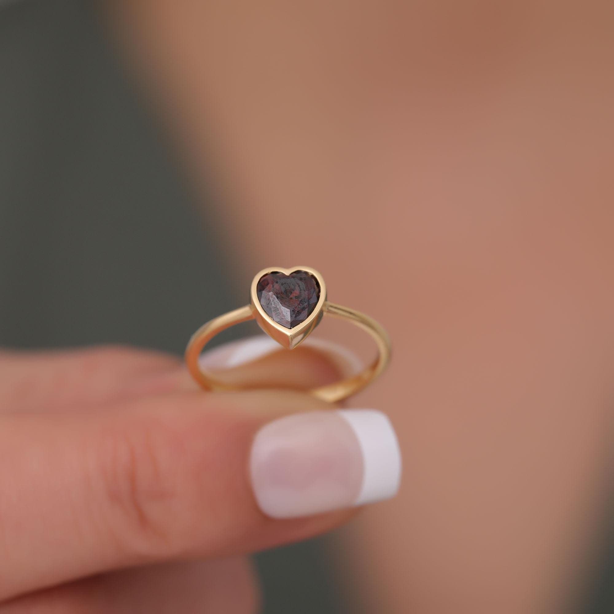 14K 10K 8K Solid Gold Smoky Quartz Heart Bezel Ring, Handmade Jewelry