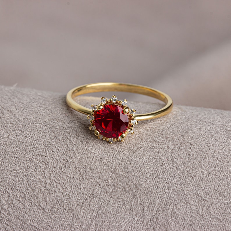 Real Diamond Round Ruby Ring 14K Solid Gold, Ring With Diamonds Around, July Birthday, Perfect Gift for Mother's Day Girlfriend Wife image 1