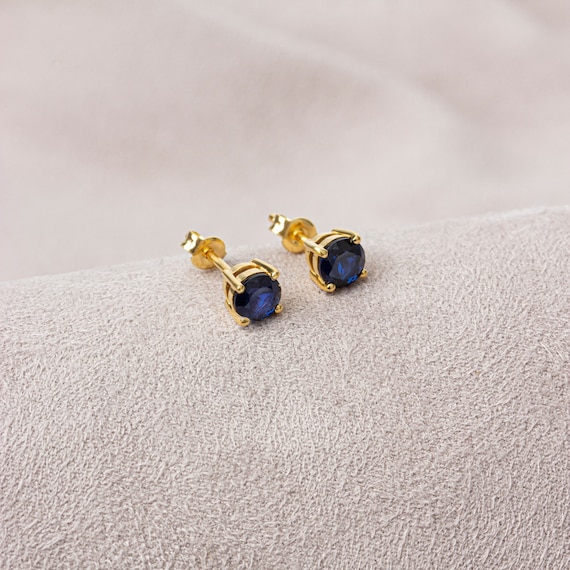 Sapphire Round Stud Earrings 14K 10K Solid Gold, Birthstone  display picture 1