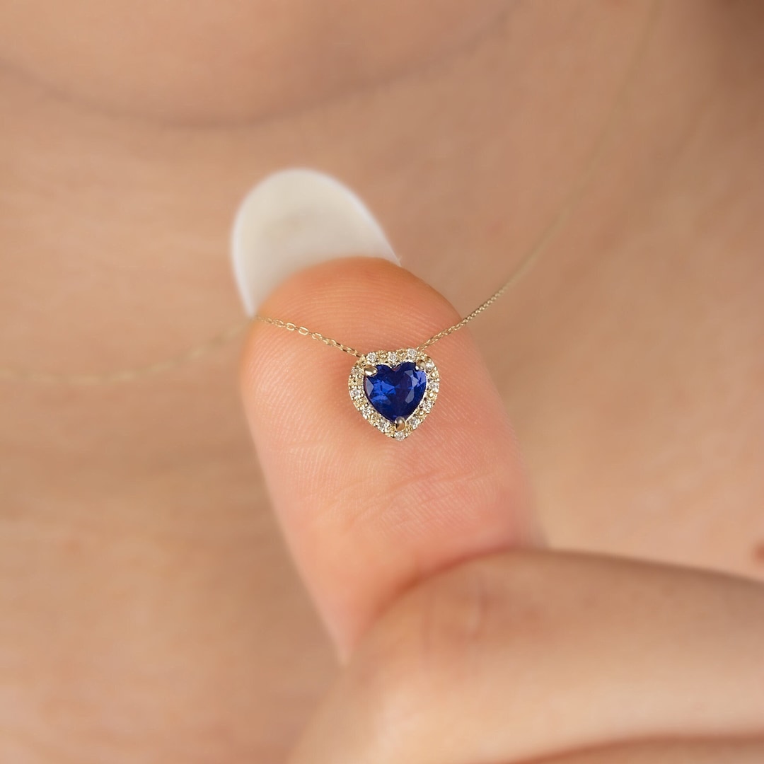 Real Diamond Sapphire Heart Necklace, 14K Solid Gold Heart Necklace