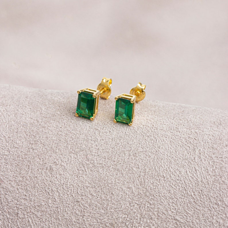 Rectangle Emerald Earring, 14K Solid Gold Earring, Birthstone, Perfect Gift for Mother's Day Girlfriend Wife image 1