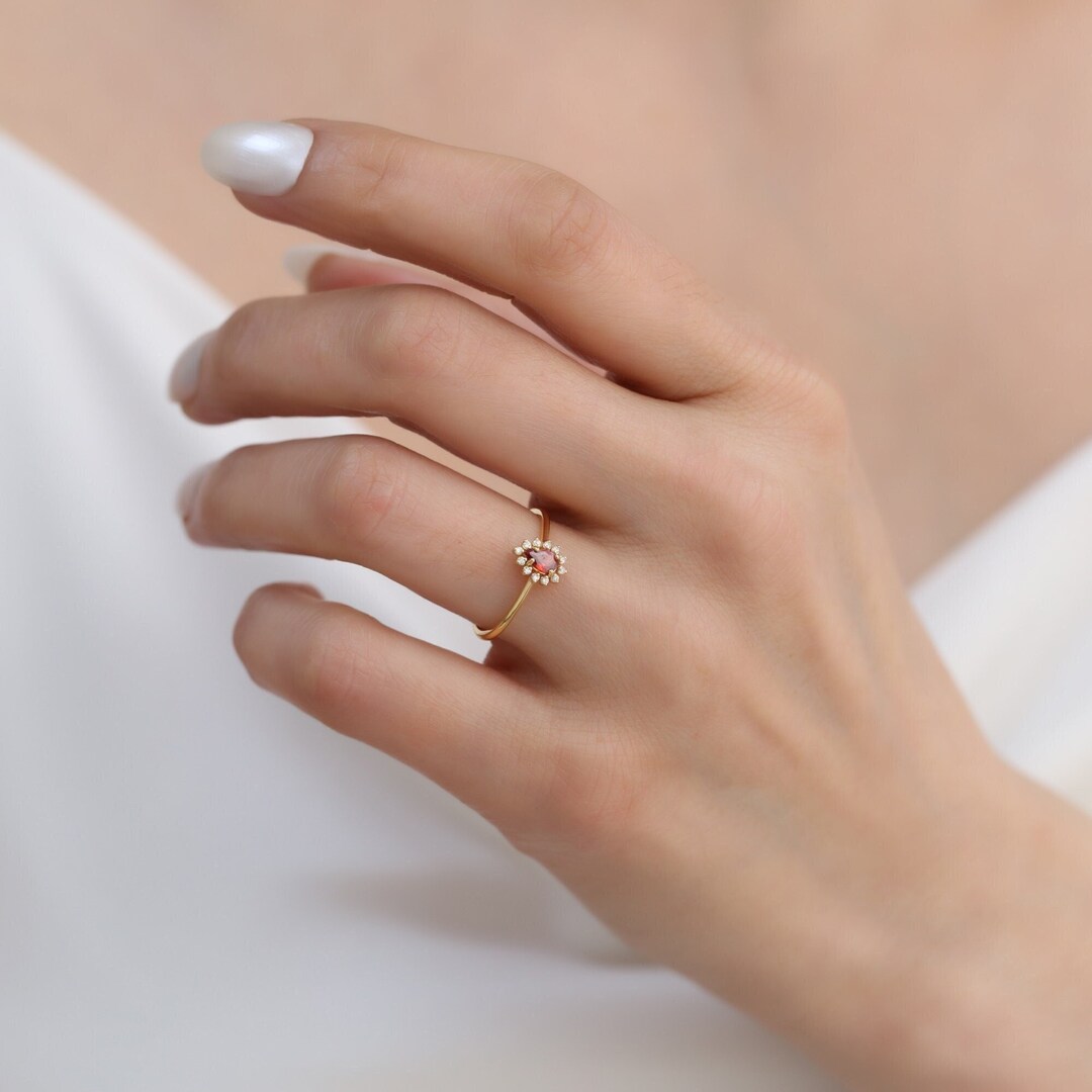 Anello a goccia con vero diamante granato, oro massiccio 14K