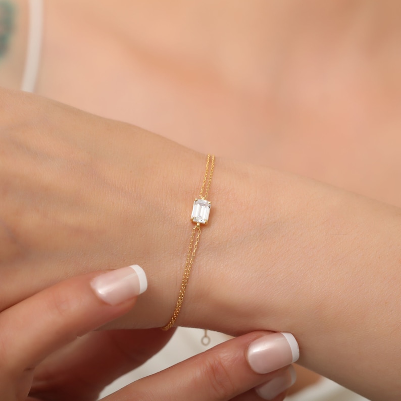 Rectangle White Topaz Bracelet 14K Solid Gold, Baguette White Bracelet, April Birthstone, Perfect Gift for Mother's Day Girlfriend Wife image 1