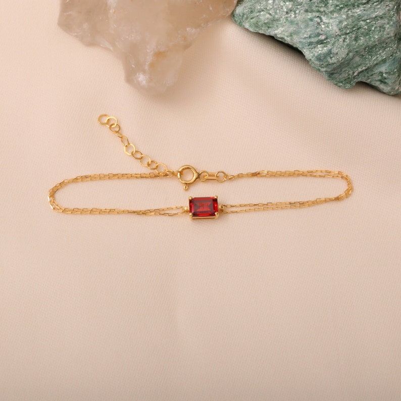 Rectangle Garnet Bracelet 14K Solid Gold, Daint Baguette Garnet Bracelet, January Birthstone, Perfect Gift for Mother's Day Wife image 2