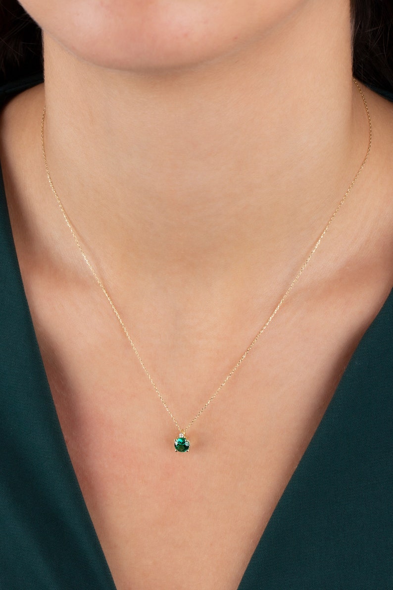Real Diamond Round Emerald Necklace, 14K Solid Gold Minimalist, Birthstone Necklace, Perfect Gift for Mother's Day Girlfriend Wife image 5