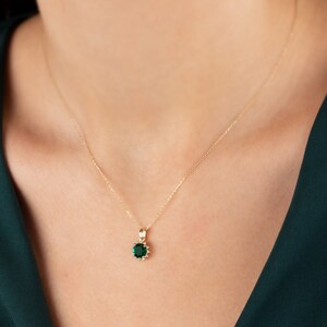 Emerald Necklace 14K Solid Gold, Diamond Surrounded Round Emerald, Birthstone Real Diamond Necklace, Perfect Gift for Mother's Day image 5