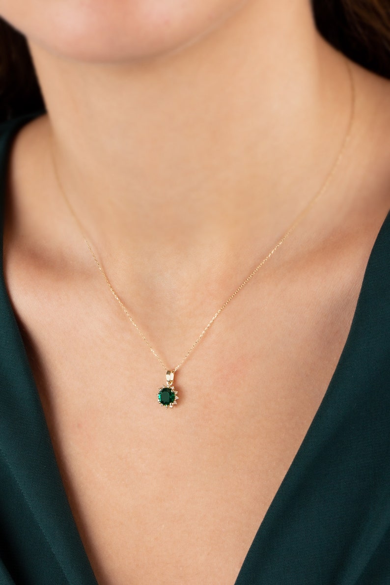 Emerald Necklace 14K Solid Gold, Diamond Surrounded Round Emerald, Birthstone Real Diamond Necklace, Perfect Gift for Mother's Day image 5