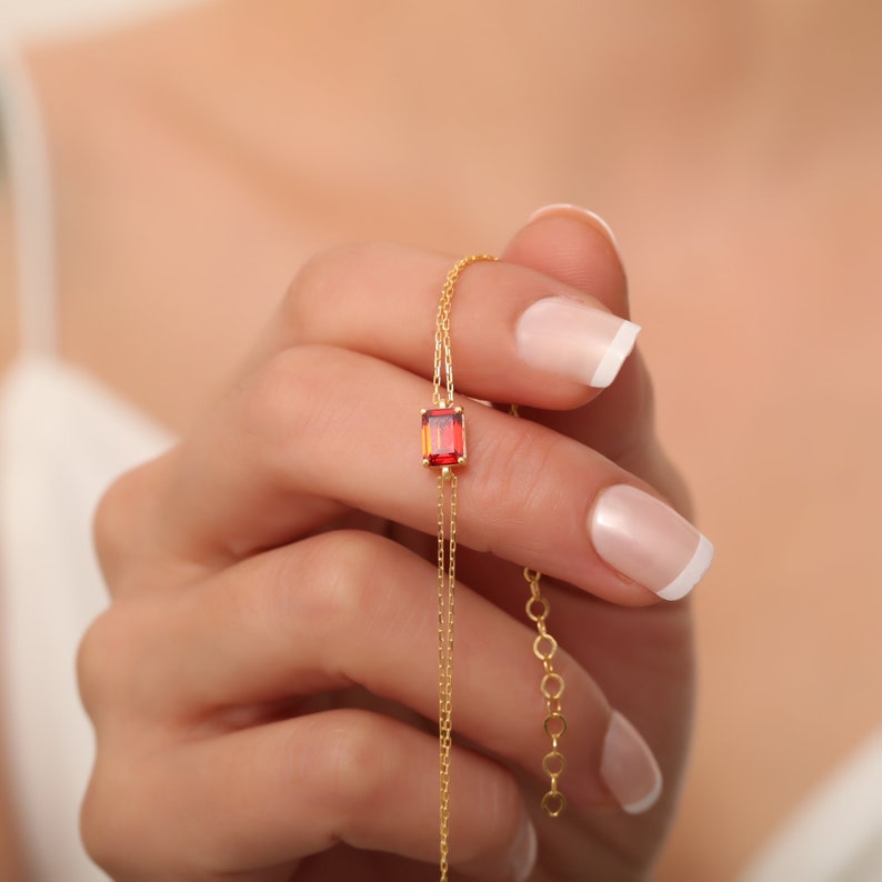 Rectangle Garnet Bracelet 14K Solid Gold, Daint Baguette Garnet Bracelet, January Birthstone, Perfect Gift for Mother's Day Wife image 4