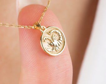 Scorpio Zodiac Necklace 14K Solid Gold, Birthstone Astrology Necklace, Zodiac Constellation Coin Pendant, Perfect Gift for Mother's Day