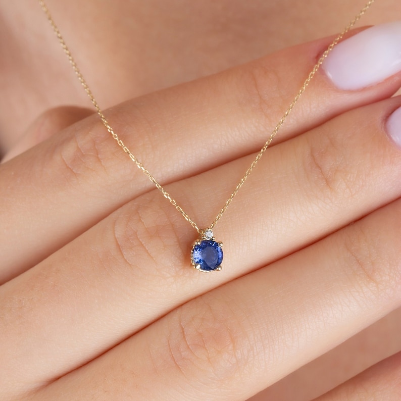 14K Solid Gold Sapphire Necklace, Minimalist Round Real Diamond and Sapphire Birthstone Pendant, Perfect Gift for Mother's Day image 1