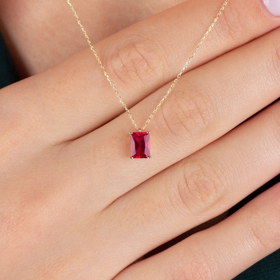 14K Solid Gold Rectangle Ruby Necklace Minimalist Necklace Ruby
