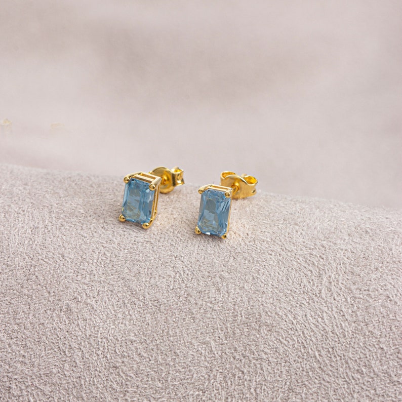 Rectangle Aquamarine Earring, 14K Solid Gold Aquamarine, March Birthstone, Perfect Gift for Mother's Day Girlfriend Wife image 1