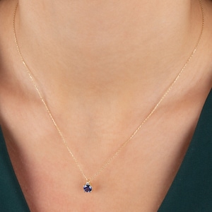 14K Solid Gold Sapphire Necklace, Minimalist Round Real Diamond and Sapphire Birthstone Pendant, Perfect Gift for Mother's Day image 5