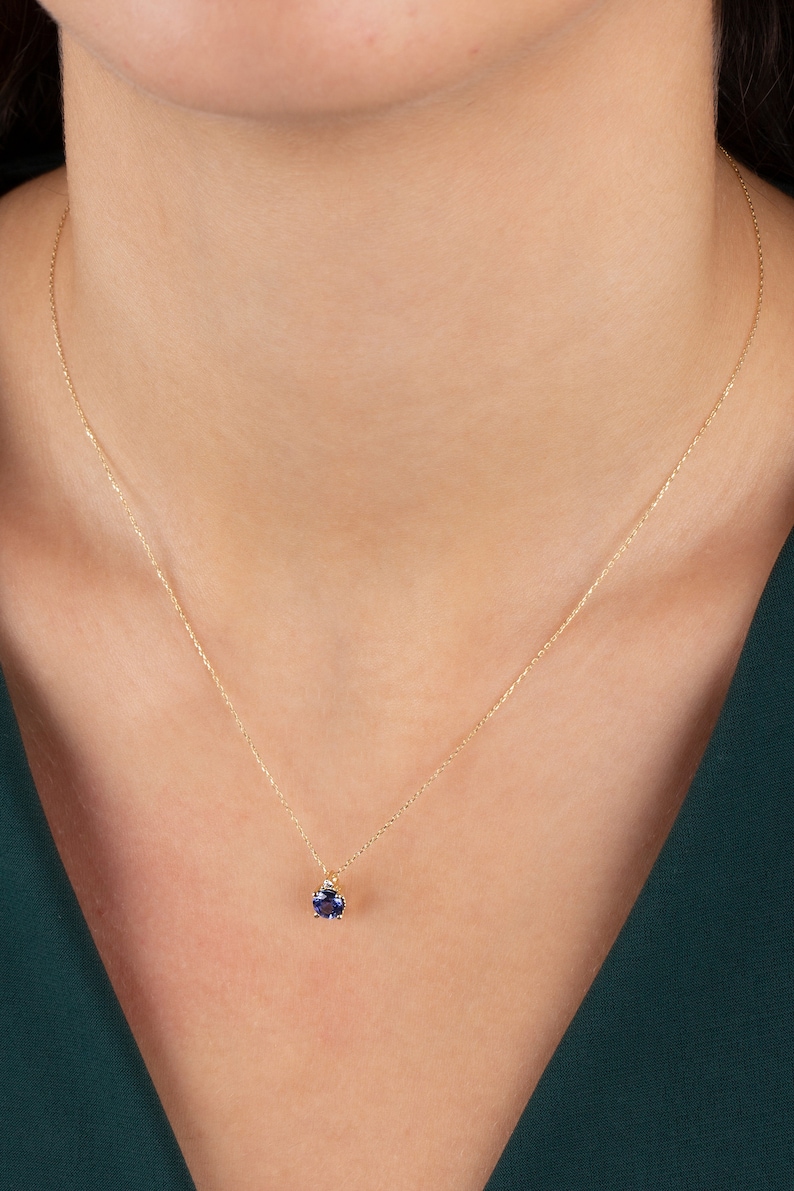 14K Solid Gold Sapphire Necklace, Minimalist Round Real Diamond and Sapphire Birthstone Pendant, Perfect Gift for Mother's Day image 5