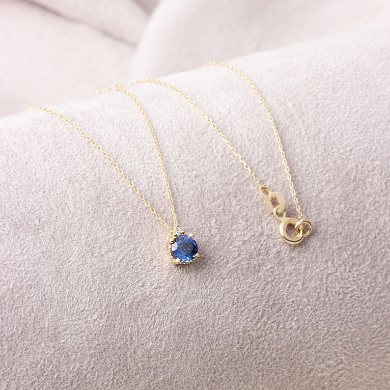 14K Solid Gold Sapphire Necklace, Minimalist Round Real Diamond and Sapphire Birthstone Pendant, Perfect Gift for Mother's Day image 2