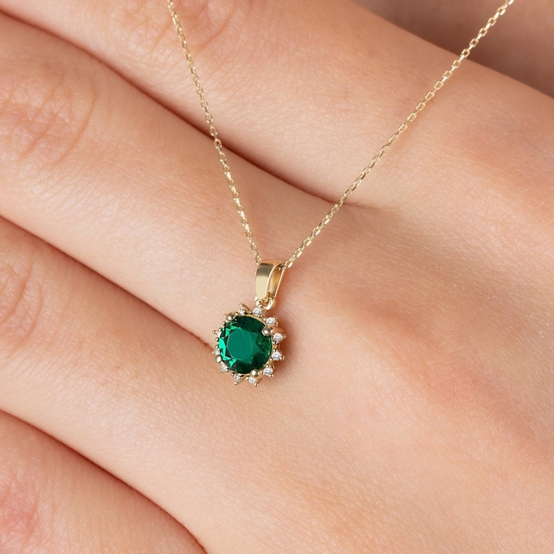 Emerald Necklace 14K Solid Gold, Diamond Surrounded Round Emerald, Birthstone Real Diamond Necklace, Perfect Gift for Mother's Day image 1