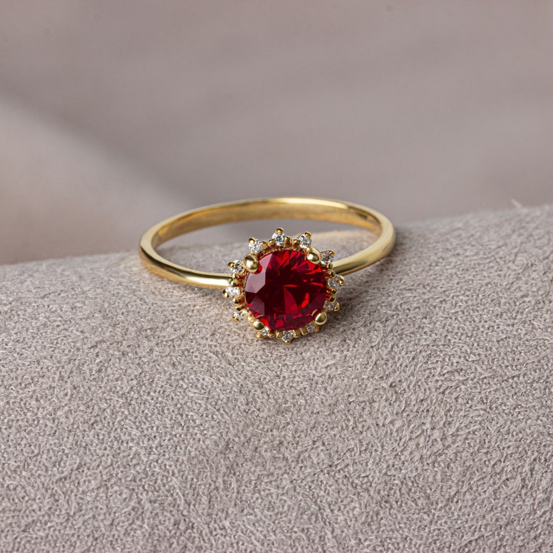 Real Diamond Round Ruby Ring 14K Solid Gold, Ring With Diamonds Around, July Birthday, Perfect Gift for Mother's Day Girlfriend Wife image 4