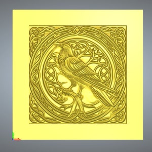May include: A gold-colored, detailed carving of a raven perched on a branch within a circular Celtic knot design.
