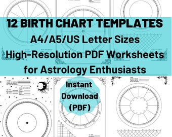 12 Blank Birth Chart Templates for Astrology Learners, Printable Natal Chart Worksheets , Grimoire Pages, Astrology Materials