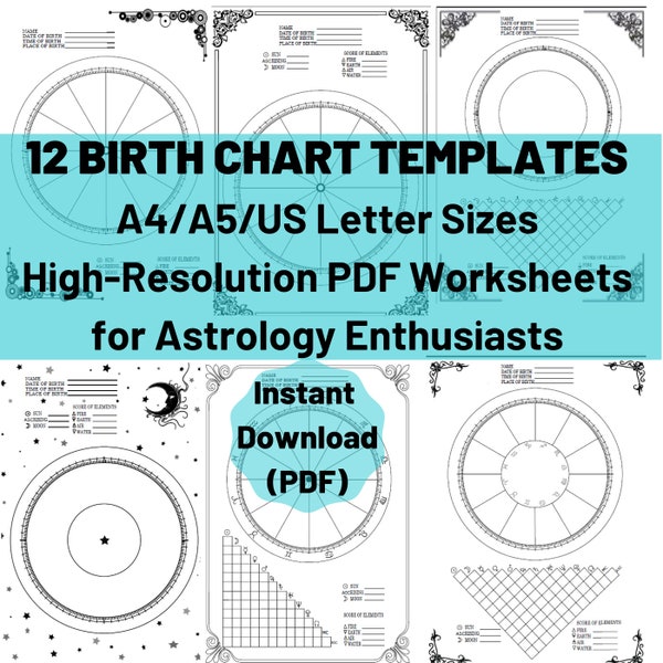 12 Blank Birth Chart Templates for Astrology Learners, Printable Natal Chart Worksheets , Grimoire Pages, Astrology Materials