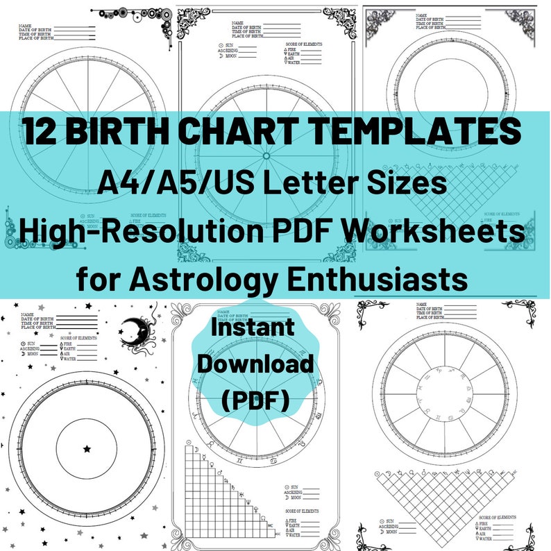 12 Blank Birth Chart Templates for Astrology Learners, Printable Natal Chart Worksheets , Grimoire Pages, Astrology Materials image 1