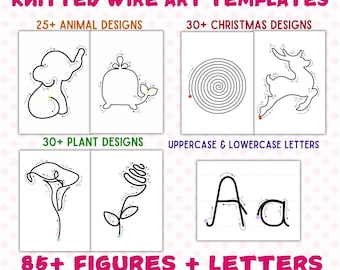 May include: A printable sheet of knitted wire art templates featuring 85+ designs, including animals, plants, Christmas designs, and uppercase and lowercase letters. The text "85+ FIGURES + LETTERS" is at the bottom of the sheet. The text "INSTANT DOWNLOAD (NO PHYSICAL ITEM)" is in a red exclamation point.