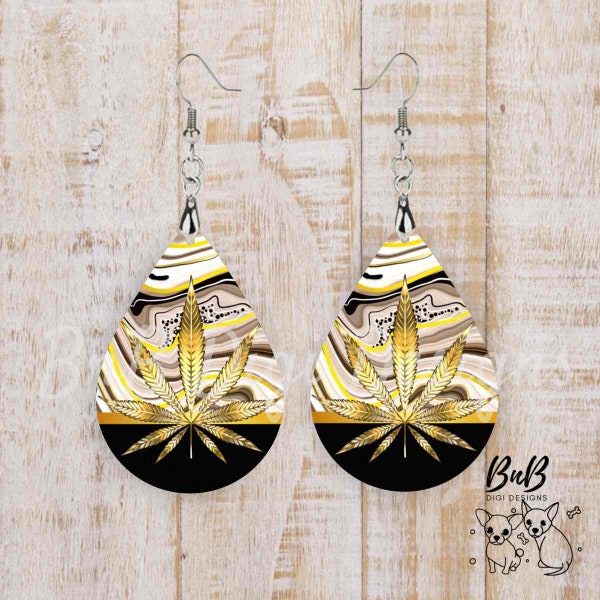 Black And Gold Agate and Pot Leaf Earring PNG Digital Download for Sublimation 420 Classy and Fun Subtle Design That Takes a Keen Eye