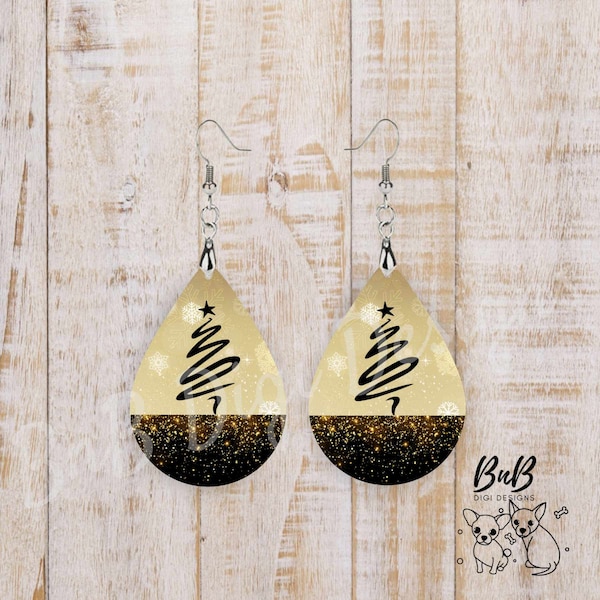 Black Scribble Christmas Tree on Golden Background with Black Glitter Simplistic Teardrop Earring PNG Digital Download for Sublimation