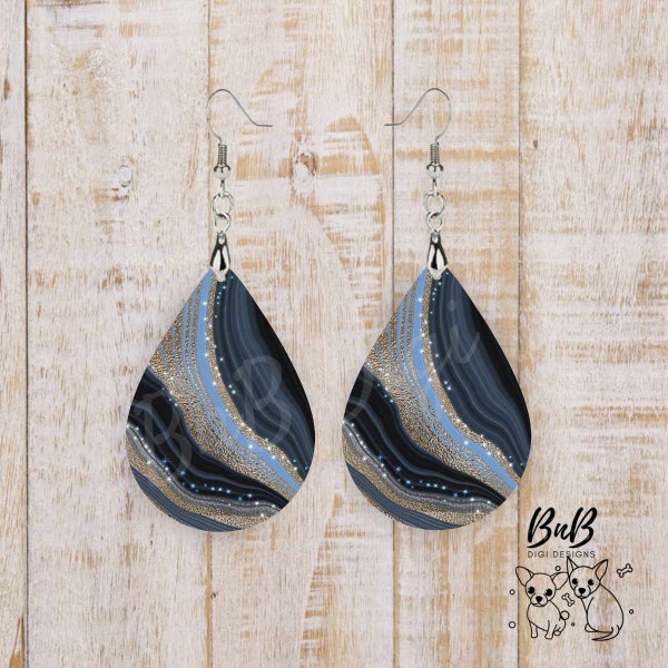 Blue, Black, and Gold Agate Look Teardrop Earring PNG Digital Download for Sublimation