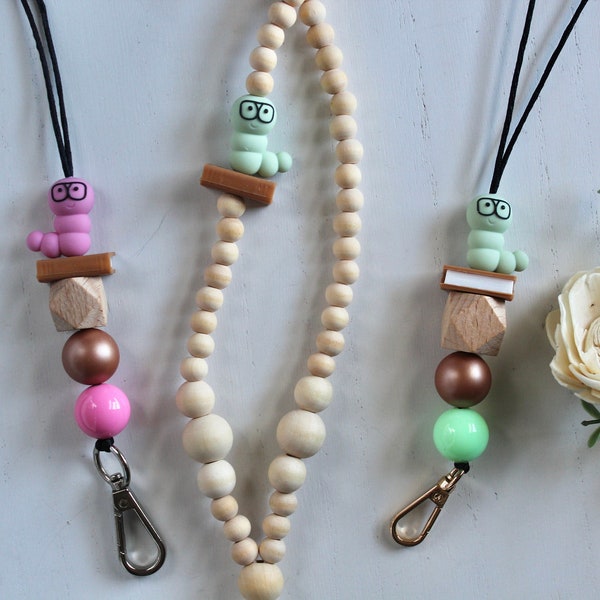 Bookworm Lanyard, Librarian Lanyard, Teacher Lanyard, Teacher Appreciation, ID and Badge Holder, Breakaway Lanyard, Wood Bead Lanyard