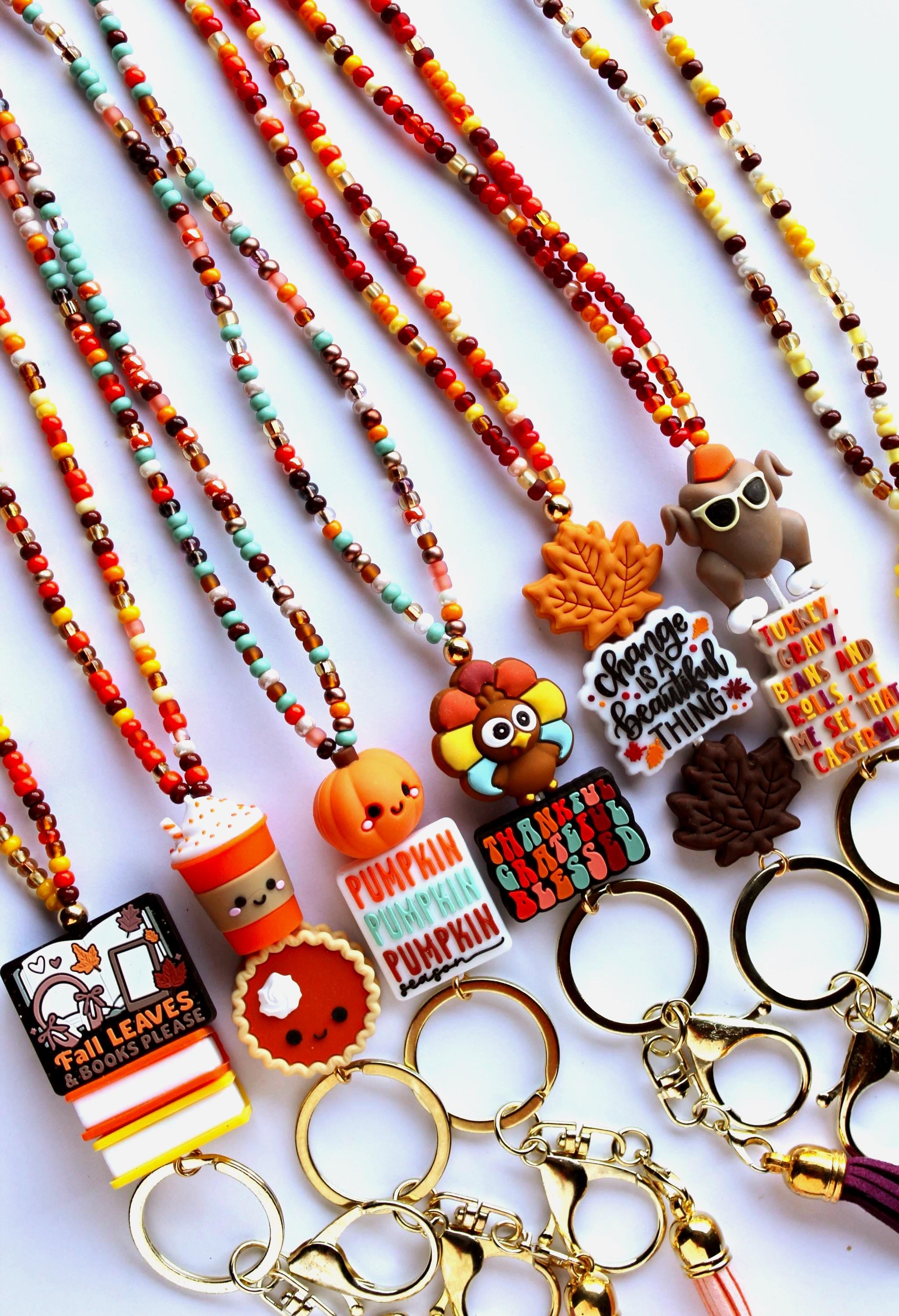 Fall Beaded Teacher Lanyard: Thanksgiving Holiday, Personalized, Lanyard and Badge Holder