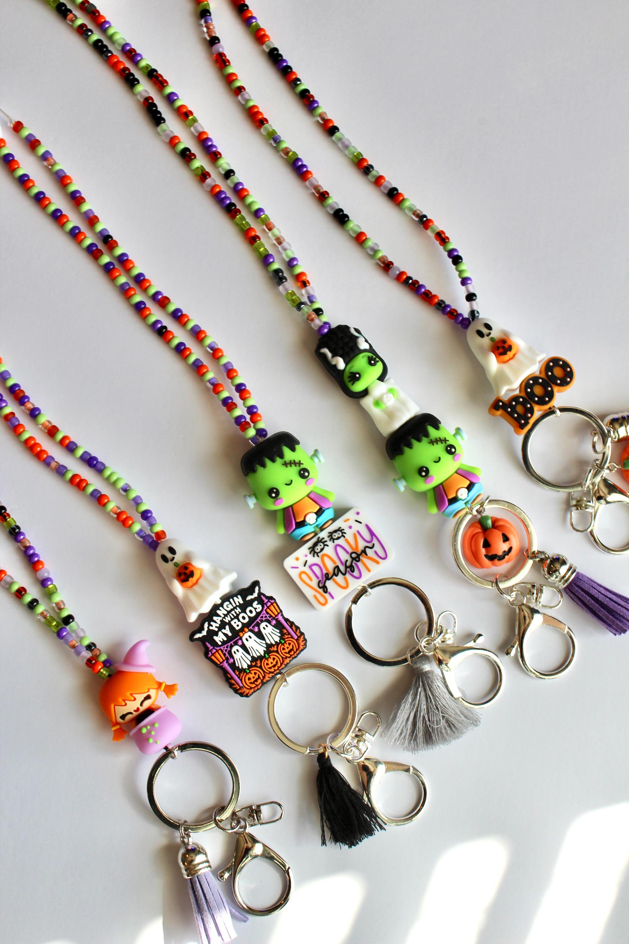 Custom Hallowen Lanyard With Name, Halloween Lanyard Teacher, Seed Bead Lanyard, Frankenstein Lanyard Neck, Mummy Lanyard,  Lanyard for Work