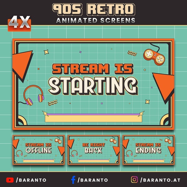 4x Animated 90s Retro Screen Overlays | Starting Soon | BrB | Ending | Offline - Instant Download / Ready to Use - Youtube - Twitch