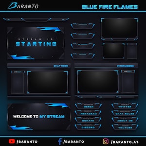 May include: A set of blue and black Twitch stream overlays with the text "BLUE FIRE FLAMES" and "STREAM STARTING". The overlays include a chat room, intermission, welcome to my stream, and social media buttons.