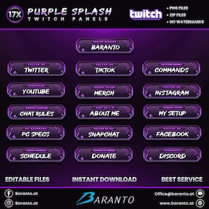 May include: A set of purple Twitch panels with the text "Purple Splash" and various social media icons. The panels include options for Twitter, YouTube, and Discord. The image also includes the text "Editable Files" and "Instant Download".